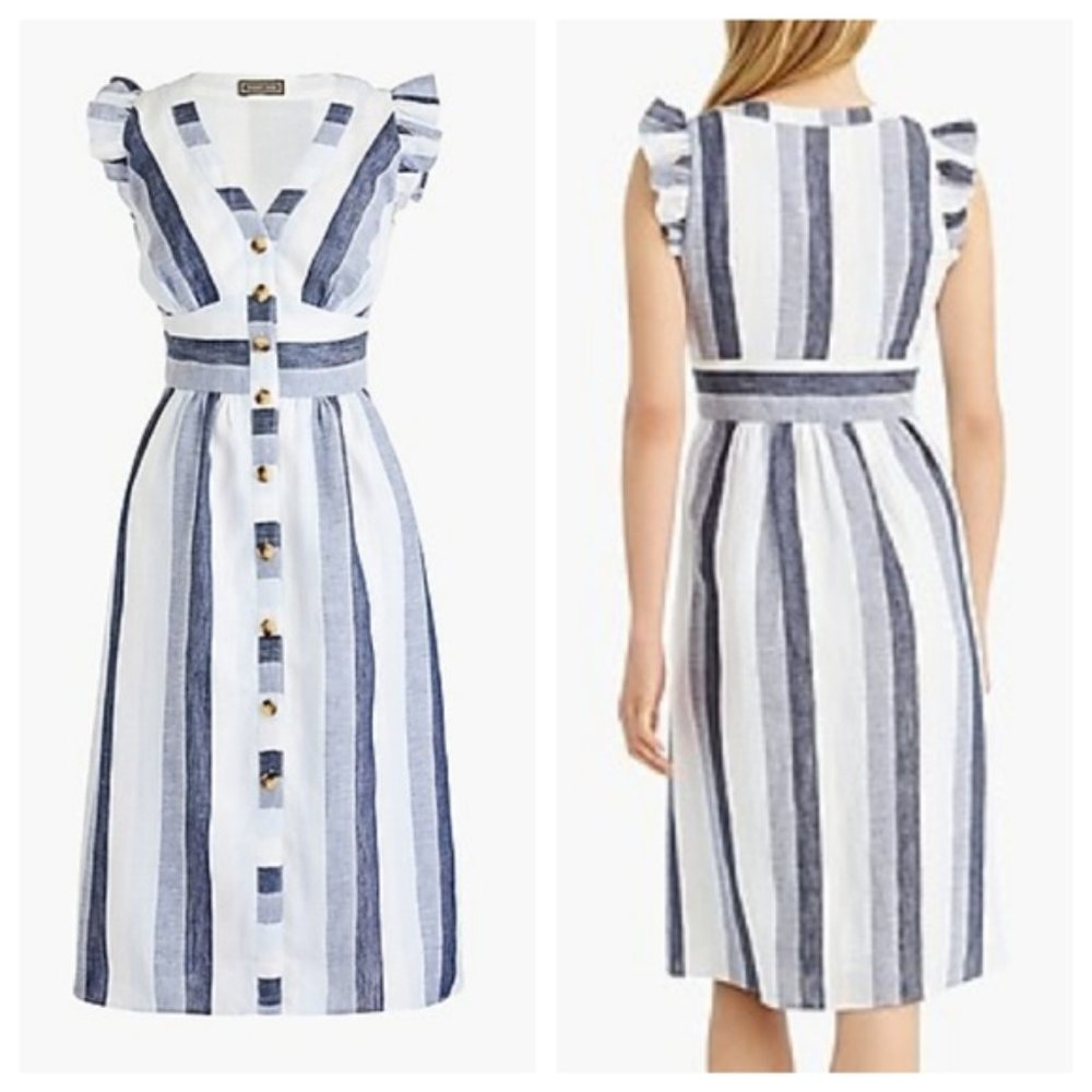 J. Crew Point Sur Linen Striped A-line Dress SZ 00P Blue White Spring Summer - Picture 2 of 10